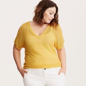 Torrid Open Stitch Shirt Women's Size 2X Yellow Short Sleeve Stretchy Crocheted